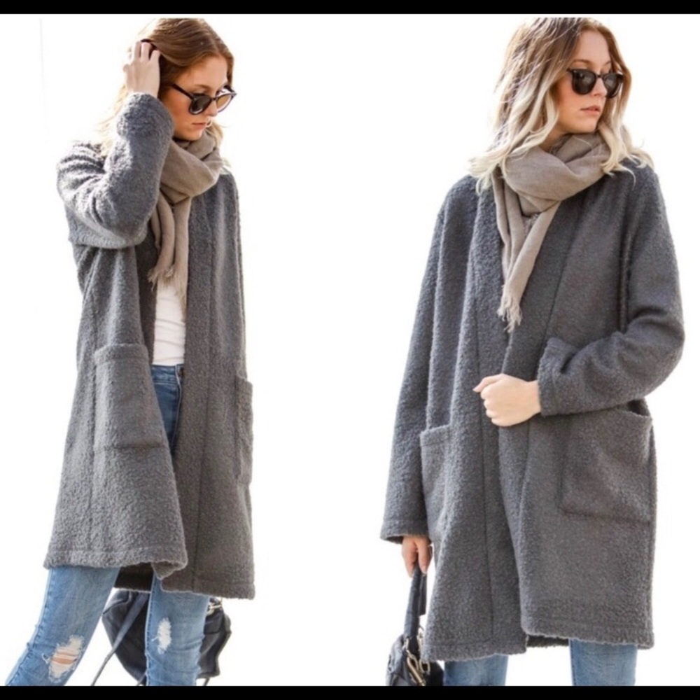 My Story Long Open Front Collarless Gray Coat